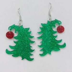 Elle Green Glitter Bent Christmas Tree Earrings
